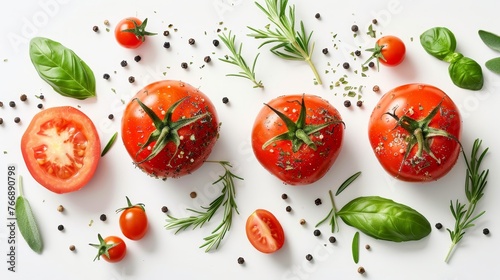 Isolated in top view, fresh tomato with herbs and spices