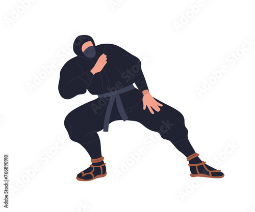 Ninjutsu fighter. Ninja, Japanese wrestler. Japan martial art. Asian warrior in mask, wrestling pose, stance, defending position, posture. Flat vector illustration isolated on white background