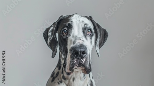 A black and gray studio portrait of a harlequin Great Dane looking forward