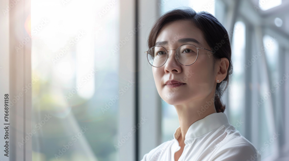 Beautiful 45 years old gentle Chinese Han woman, wearing glasses, formal slick hairstyle, smooth face in a modern office building, wearing white shirt, beside a huge window Beautiful 45 years old gentle Chinese Han woman, wearing glasses, formal slick hairstyle, smooth face in a modern office building, wearing white shirt, beside a huge window