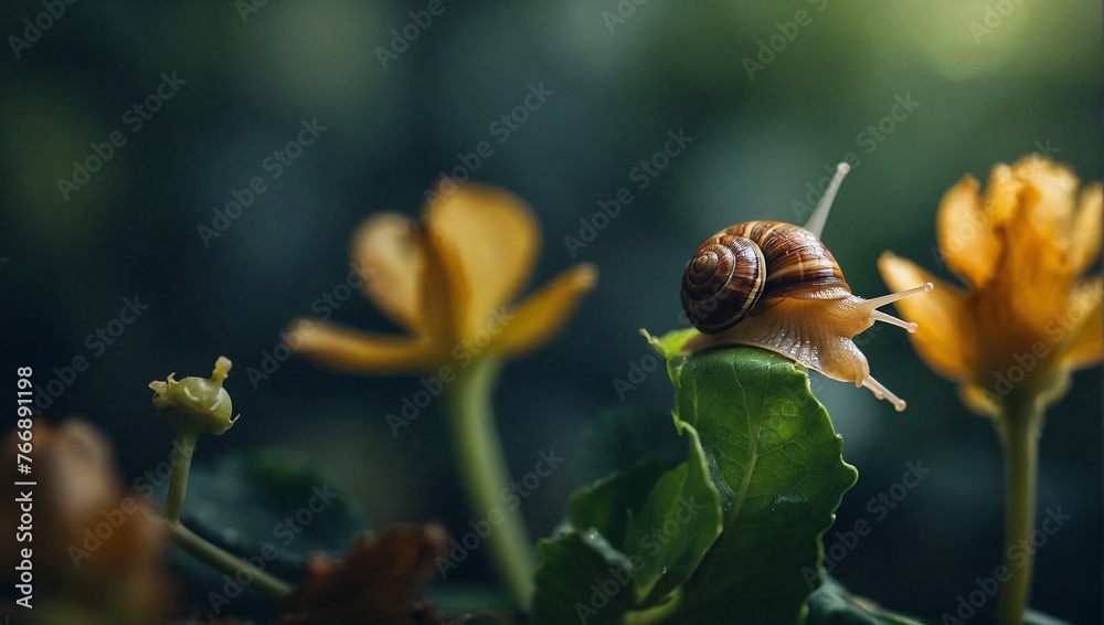 A snail slowly crawling on a leaf A snail slowly crawling on a leaf