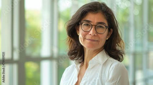 Beautiful 45 years old gentle brunette hispanic woman, wearing glasses, formal slick hairstyle, smooth face in a modern office building, wearing white shirt, beside a huge window