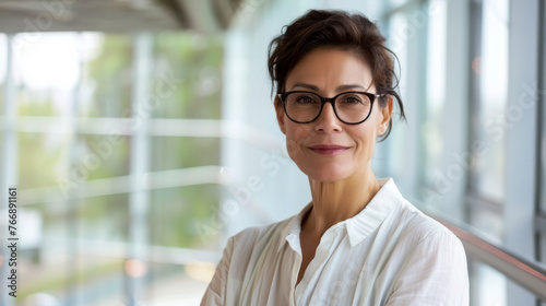 Free Download Beautiful 45 years old gentle brunette hispanic woman, wearing glasses, formal slick hairstyle, smooth face in a modern office building, wearing white shirt, beside a huge window - GFXLoad