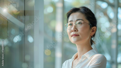 Beautiful 45 years old gentle Chinese Han woman, wearing glasses, formal slick hairstyle, smooth face in a modern office building, wearing white shirt, beside a huge window