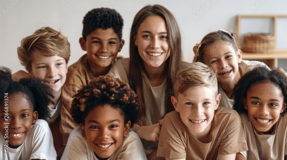 Portrait of smart teacher in classroom with kids on background Portrait of smart teacher in classroom with kids on background