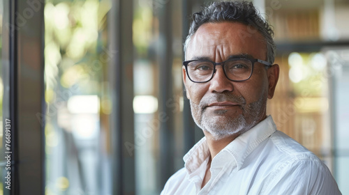 Handsome 45 years old gentle aboriginal Australian man, wearing glasses, formal slick hairstyle, smooth face in a modern office building, wearing white shirt, beside a huge window © Keitma