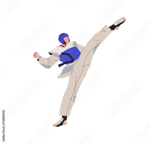 Taekwondo fighter. Korean tae-kwon-do wrestler in action, motion, attacking pose. Athlete, asian martial art. Man kicking with leg, defending. Flat vector illustration isolated on white background
