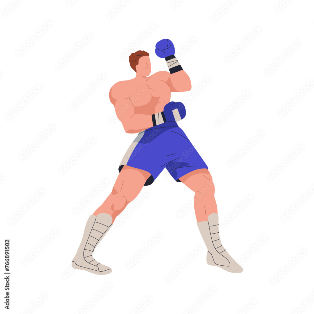 Boxer fighter. Professional box athlete in defending pose, stance. Man, boxing wrestler in gloves and shorts standing in position, action. Flat vector illustration isolated on white background