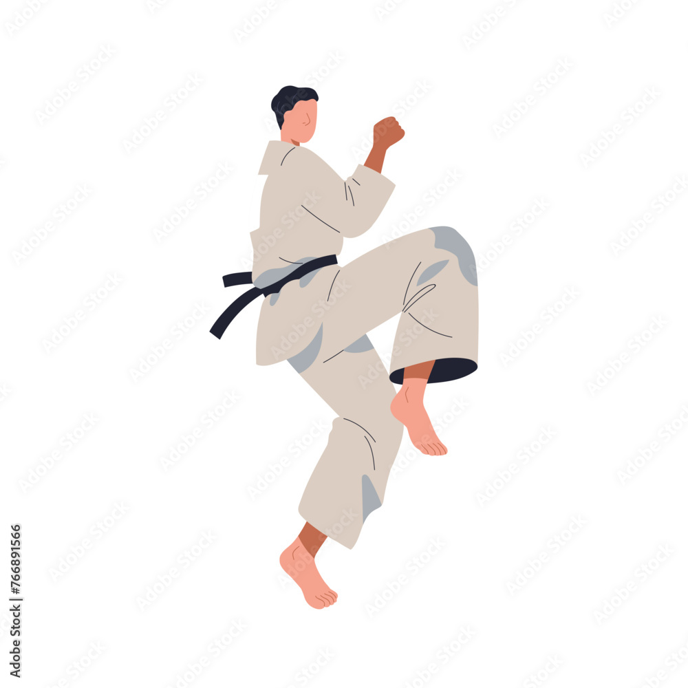 Karate-do fighter in wrestling pose. Japan wrestler in fight action, kicking with leg, foot. Professional Japanese athlete in defending stance. Flat vector illustration isolated on white background Karate-do fighter in wrestling pose. Japan wrestler in fight action, kicking with leg, foot. Professional Japanese athlete in defending stance. Flat vector illustration isolated on white background