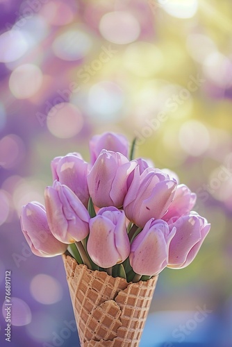 Purple tulips in cone, bokeh background.. Floral Art & Design. AI Generated.