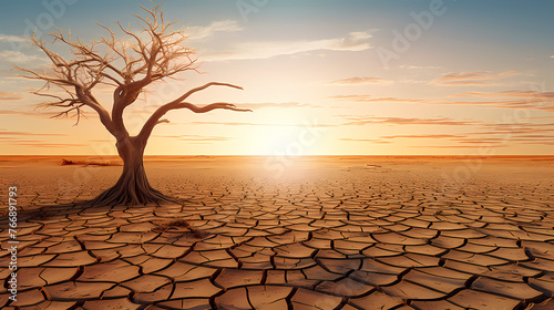 Minimalistic design tree on ground cracked by drought and global warming