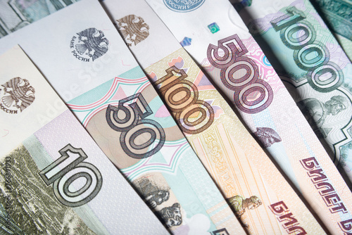 Russian rubles banknotes of different denominations close-up
