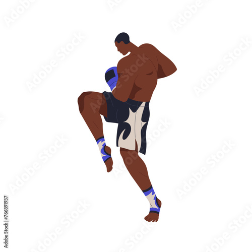 Muay thai fighter in fight pose. Tai boxing, professional athlete, black man ...
