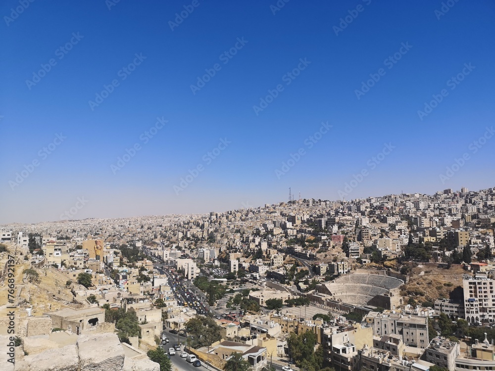 Photo of the ancient Roman theater from Amman Castle, Jordan. Scenic photo of Amman city, Jordan. Amman, Jordan. August 2023