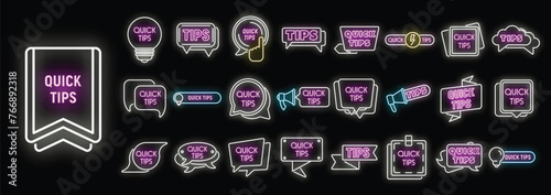Tips icons set outline vector. Help information. Quick advice neon color on black