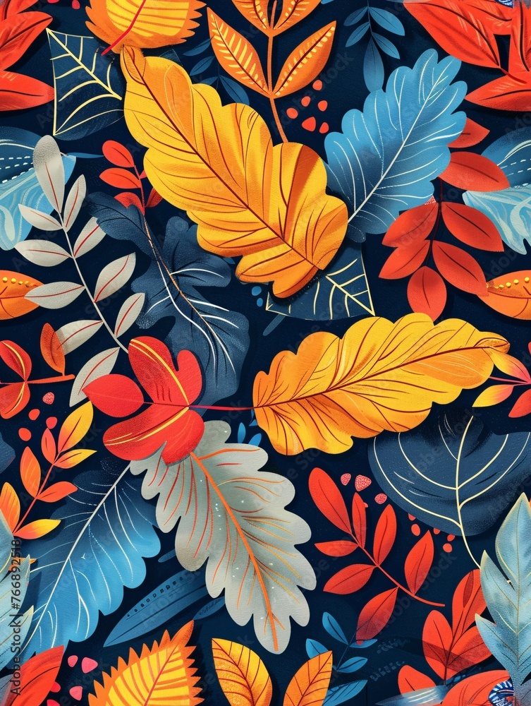 Illustration of a seamless abstract pattern with leaf, flower, and foliage elements.