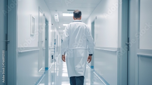 A man physician strolling down hospital hallway. photo