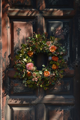 Floral wreath on a weathered wooden door, Generated AI.