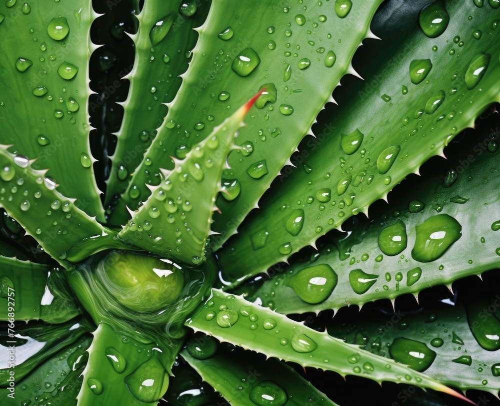 Water drops on aloe vera leaves against black backdrop Water drops on aloe vera leaves against black backdrop