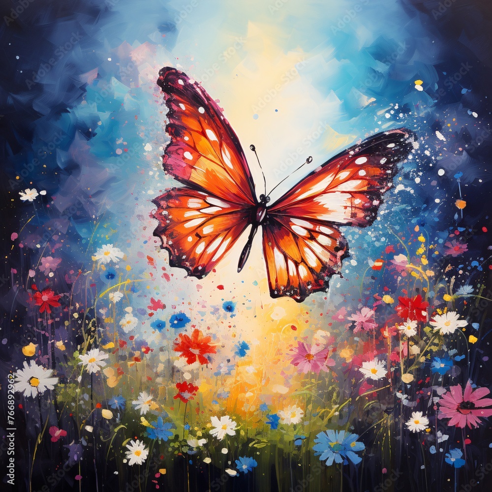 An urban graffiti artwork featuring a colorful butterfly fluttering amidst a field of wildflowers 