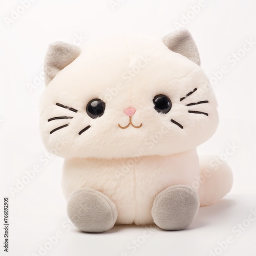 A fluffy cat plush toy with cute cat face designs on a clean white surface