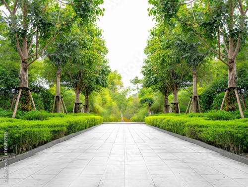 Empty tiled walkway lined with lush greenery and supported trees in a peaceful park setting.