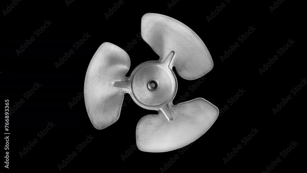 Fan blades rotate on a black isolated background. Metal object. Animated video. Fan blades rotate on a black isolated background. Metal object. Animated video.