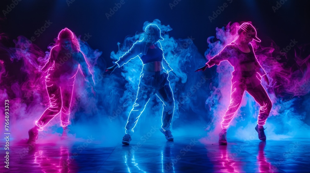 Street style dance. Collage with men and women dancing breakdance on multicolored background in neon light. Concept of art, choreography, creativity, hobby, movements. Banner, flyer, ad Street style dance. Collage with men and women dancing breakdance on multicolored background in neon light. Concept of art, choreography, creativity, hobby, movements. Banner, flyer, ad