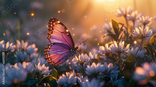 A butterfly on a small wild white flower in the grass, caught in the morning sun © Brian Carter