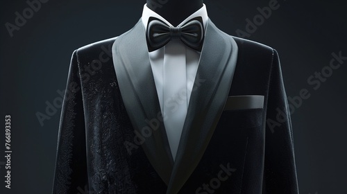 A UHD close-up of a modern twist on the classic tuxedo, featuring a black velvet dinner jacket paired with a crisp white dress shirt, tailored black trousers, and patent leather loafers.
