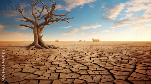 Minimalistic design tree on ground cracked by drought and global warming
