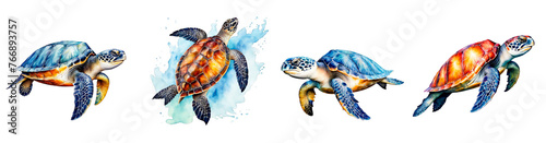 Leatherback turtle watercolor illustration, Set of 4 turtles, clipart, marine animal, different swimming pose, cutout on white background, cute photo