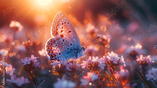 A butterfly on a small wild white flower in the grass, caught in the morning sun © Brian Carter