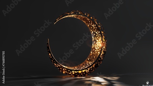 An artistic representation of a crescent moon made from intricate patterns with the words "Ramadan Mubarak" softly beneath it.