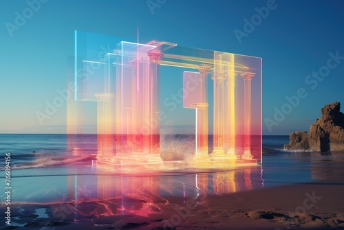 Digital pillars superimposed on a serene beach at sunset, Generated AI. photo