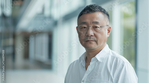 Handsome 45 years old gentle Chinese Han man, wearing glasses, formal slick hairstyle, smooth face in a modern office building, wearing white shirt, beside a huge window