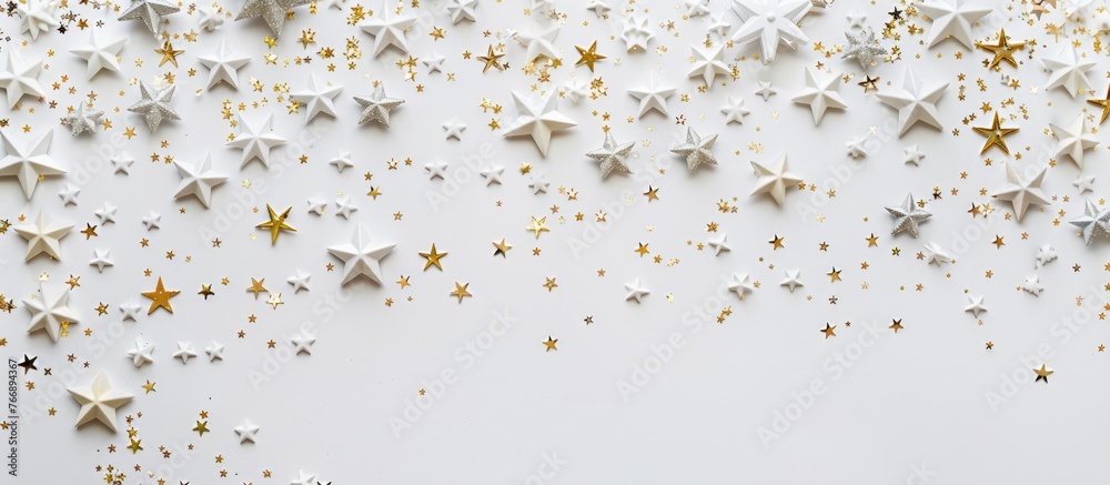 Festive white background with shining stars celebrating various occasions like Christmas, weddings, birthdays, Women's Day, Mother's Day, and Valentine's Day. Flat lay view with ample space for text. Festive white background with shining stars celebrating various occasions like Christmas, weddings, birthdays, Women's Day, Mother's Day, and Valentine's Day. Flat lay view with ample space for text.