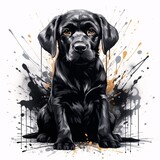 A graffiti artwork featuring a sleek black labrador sitting obediently against a white background