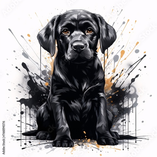A graffiti artwork featuring a sleek black labrador sitting obediently against a white background
