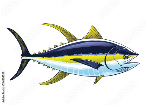 Yellowfin Tuna Fish Colored Illustration Vintage