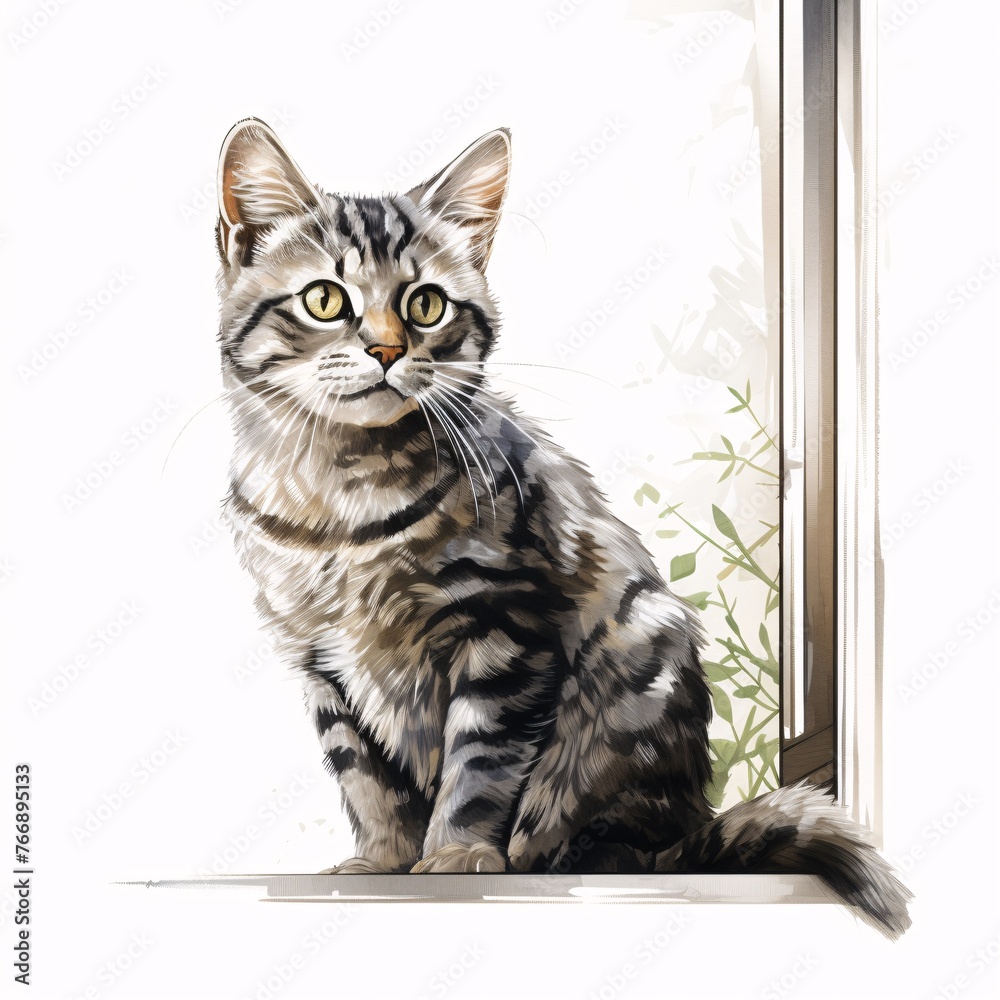 A graffiti illustration of a curious grey tabby cat perched on a windowsill against a clean white surface