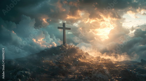 Holy cross symbolizing the death and resurrection of Jesus Christ with the sky over Golgotha hill shrouded in light and clouds, apocalypse concept photo
