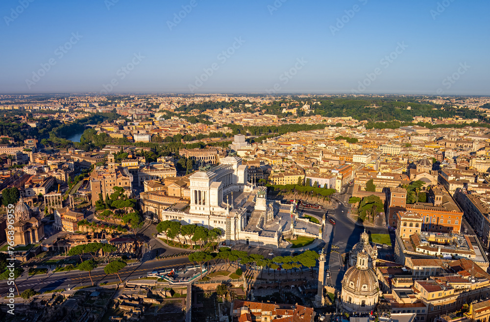Rome, Italy. Complex Vittoriano. Panorama of the city on a summer morning. Aerial view
