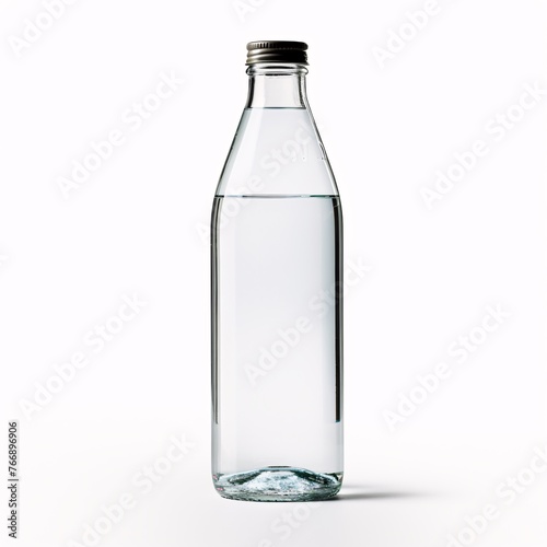 A transparent glass bottle filled with clear water, placed on a white surface