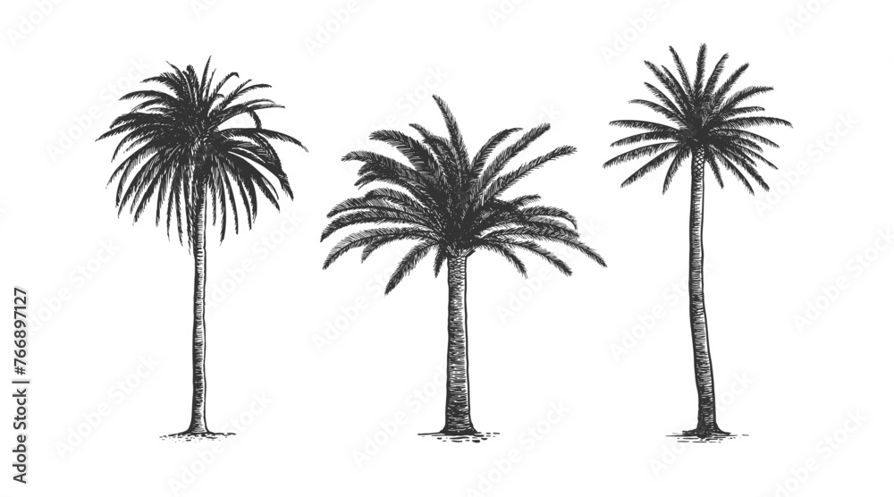 Collection of graceful palm trees in engraving style. Hand-drawn tropical trees. Template for design postcard, logo, label. Vintage illustration on a light isolated background. - obrazy, fototapety, plakaty 