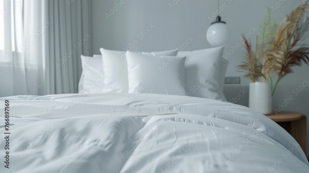Mock up of white bedding on comofortable bed with pillows and blanket modern minimalist interior. Template for prints Mock up of white bedding on comofortable bed with pillows and blanket modern minimalist interior. Template for prints