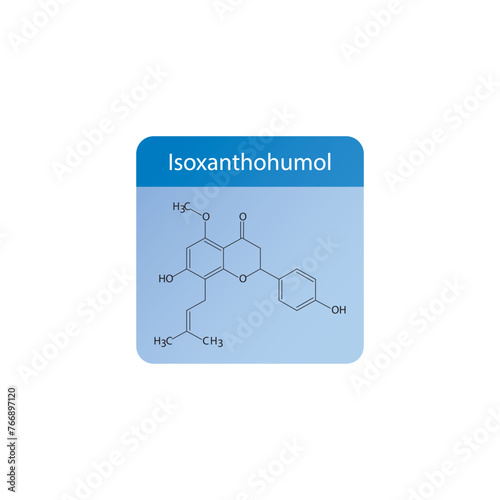 Isoxanthohumol skeletal structure diagram.prenylated flavonoid compound molecule scientific illustration on blue background.