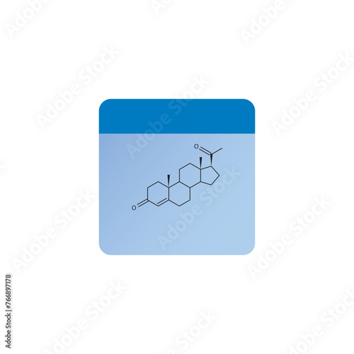 Progesterone skeletal structure diagram.Progesterone hormone compound molecule scientific illustration on blue background.