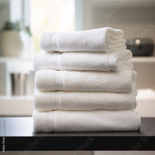 A stack of fluffy white towels neatly folded on a black shelf