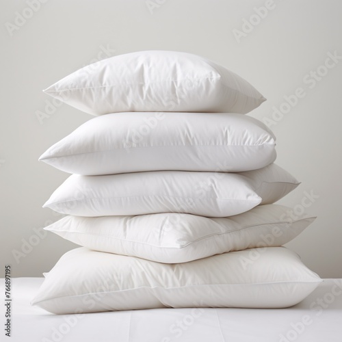 A stack of fluffy white pillows neatly arranged on a white bed